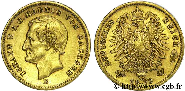 GERMANY - KINGDOM OF SAXONY - JOHN 20 marks or, 1er type 1872 Dresde XF 