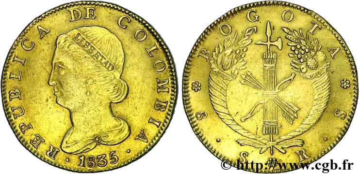 COLOMBIA - REPUBLIC OF COLOMBIA 8 escudos en or 1835 Bogota XF 