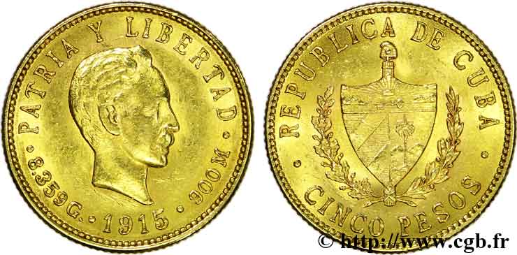 CUBA - RÉPUBLIQUE 5 pesos or 1915 Philadelphie SS 