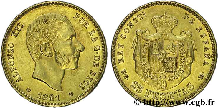 ESPAGNE - ROYAUME D ESPAGNE - ALPHONSE XII 25 pesetas, tête âgée 1881 Madrid EBC 