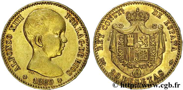 ESPAGNE - ROYAUME D ESPAGNE - ALPHONSE XIII 20 pesetas 1889 Madrid AU 