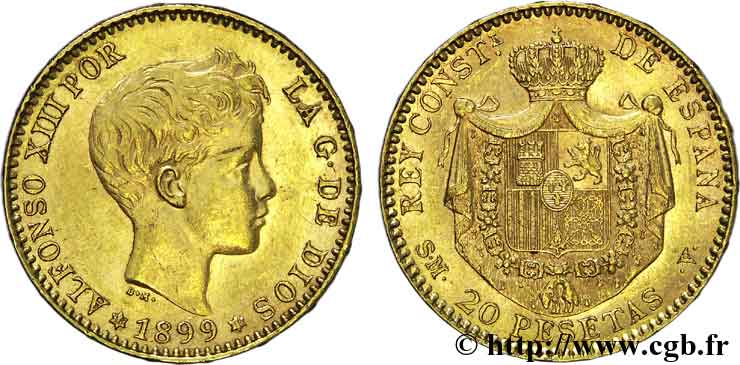SPAIN - KINGDOM OF SPAIN - ALFONSO XIII 20 pesetas 1899 Madrid AU 