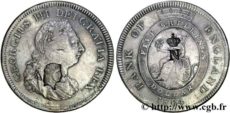 GROSSBRITANIEN - GEORG III. Dollar ou 5 schillings contremarqué 1804 Londres S 