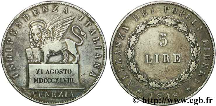ITALY - REPUBLIC OF VENICE 5 lires 1848 Venise XF 