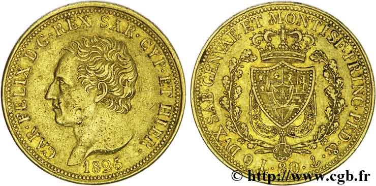 ITALIE - ROYAUME DE SARDAIGNE - CHARLES-FÉLIX 80 lires or 1825 Turin TTB 