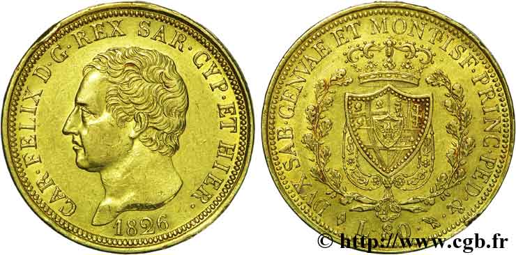 ITALIA - REGNO DE SARDINIA - CARLO FELICE 80 lires or 1826 Turin XF 
