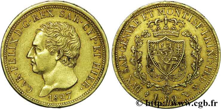 ITALY - KINGDOM OF SARDINIA - CHARLES-FELIX 80 lires or 1827 Turin XF 