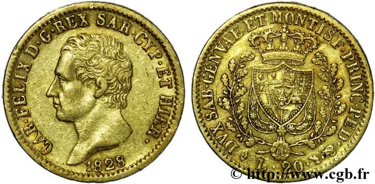 ITALIE - ROYAUME DE SARDAIGNE - CHARLES-FÉLIX 20 lires or 1828 Turin TTB 