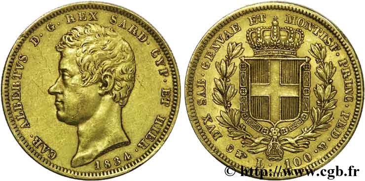 ITALY - KINGDOM OF SARDINIA - CHARLES-ALBERT 100 lires or 1834 Turin XF 