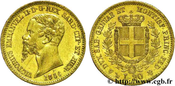 ITALIA - REINO DE ITALIA - VÍCTOR-MANUEL II 20 lires or 1856 Gênes MBC 