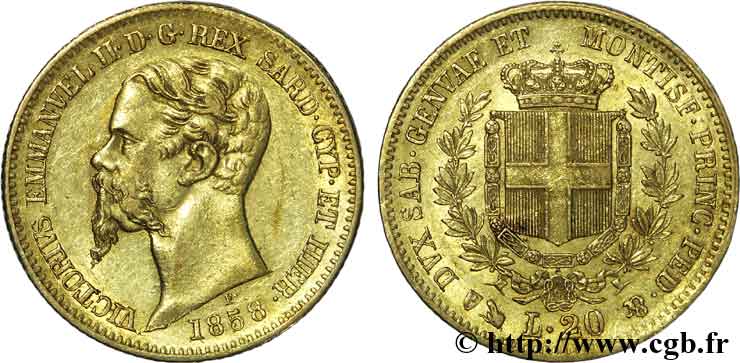 ITALIA - REINO DE ITALIA - VÍCTOR-MANUEL II 20 lires or 1858 Gênes MBC 