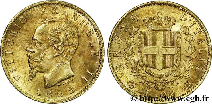 ITALY - KINGDOM OF ITALY - VICTOR-EMMANUEL II 20 lires or 1868 Turin AU 