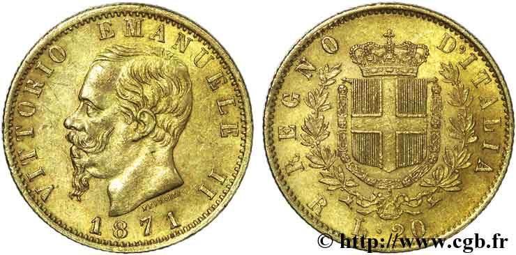 ITALIA - REGNO D ITALIA - VITTORIO EMANUELE II 20 lires or 1871 Rome XF 