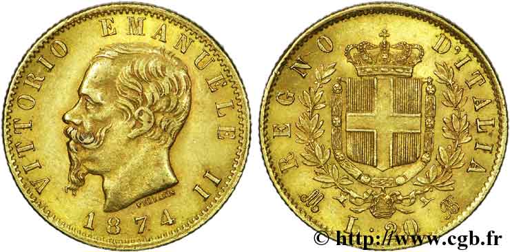 ITALY - KINGDOM OF ITALY - VICTOR-EMMANUEL II 20 lires or 1874 Milan XF 