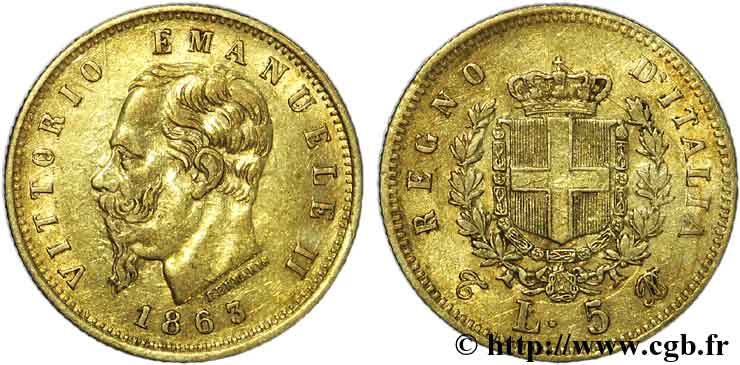 ITALIA - REINO DE ITALIA - VÍCTOR-MANUEL II 5 lires or 1863 Turin MBC 
