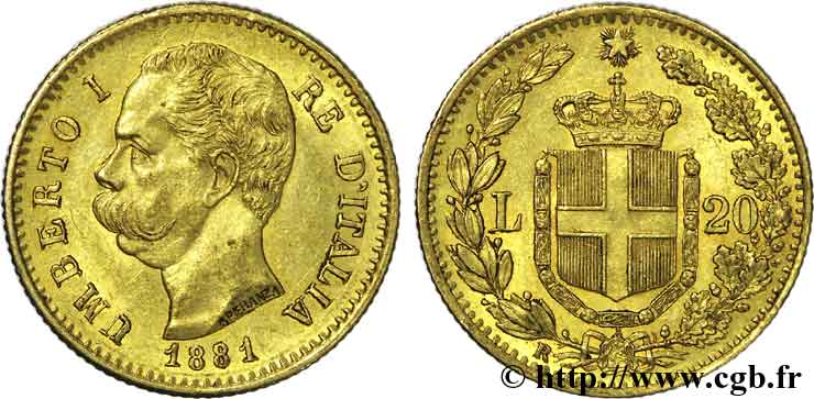 ITALY - KINGDOM OF ITALY - UMBERTO I 20 lires or 1881 Rome AU 