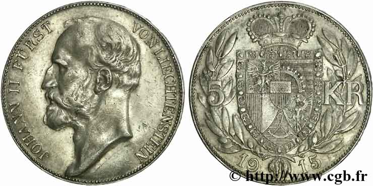 LIECHTENSTEIN - PRINCIPALITY OF LIECHTENSTEIN - JOHN II 5 couronnes 1915 Berne XF 