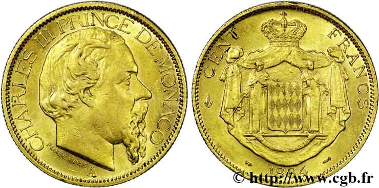 MONACO - PRINCIPAUTÉ DE MONACO - CHARLES III 100 francs or 1884 Paris MBC 