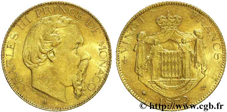MONACO - PRINCIPALITY OF MONACO - CHARLES III 20 francs or 1879 Paris AU 