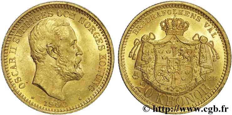 SUÈDE - ROYAUME DE SUÈDE - OSCAR II 20 kronor, 4e type 1900 Stockholm EBC 