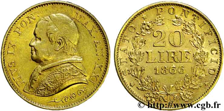 ITALIEN - KIRCHENSTAAT - PIE IX. Giovanni Maria Mastai Ferretti) 20 lire, grand buste 1866 Rome SS 