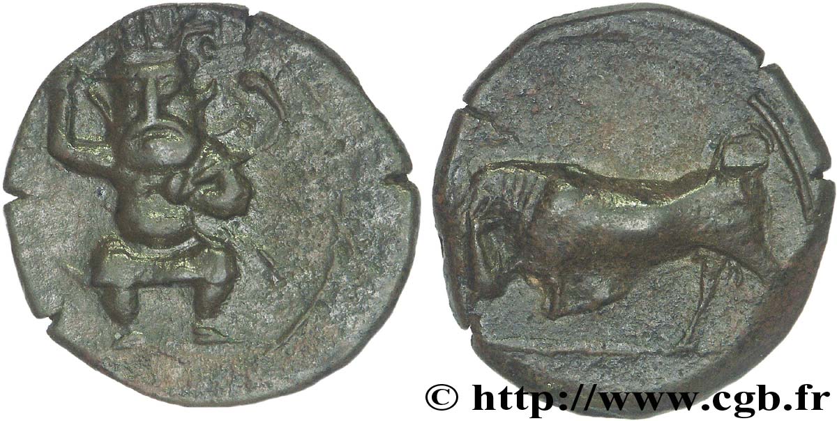 HISPANIA - IBERICO - AEBUSUS (Baléares, Ibiza) Bronze au dieu Bes et au taureau q.SPL