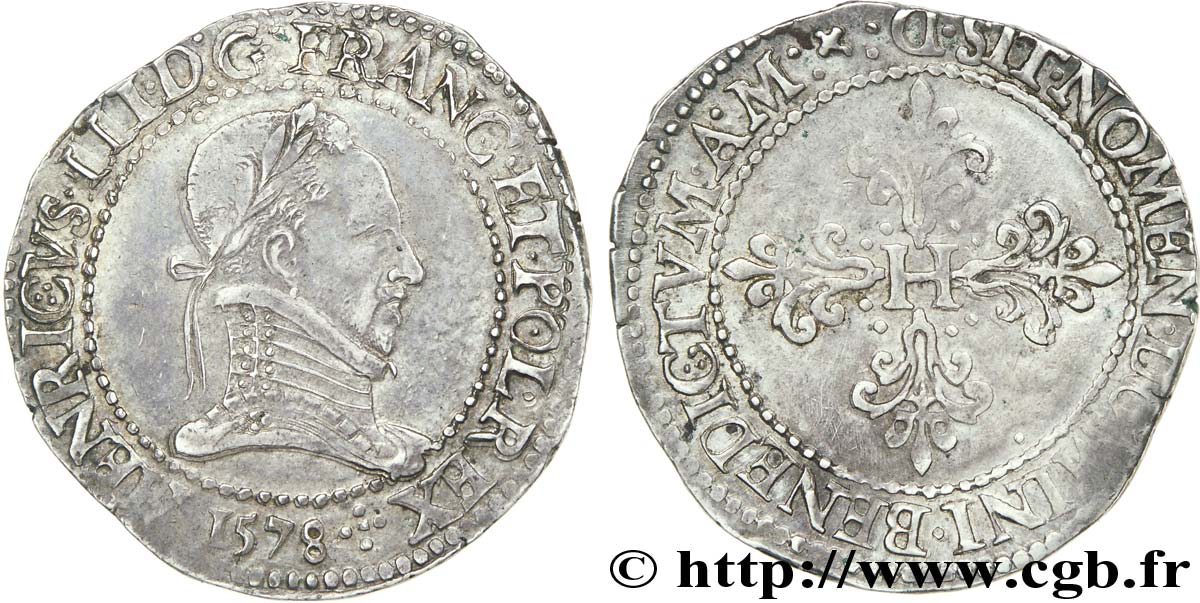 HENRI III Franc au col plat 1578 Lyon TTB+