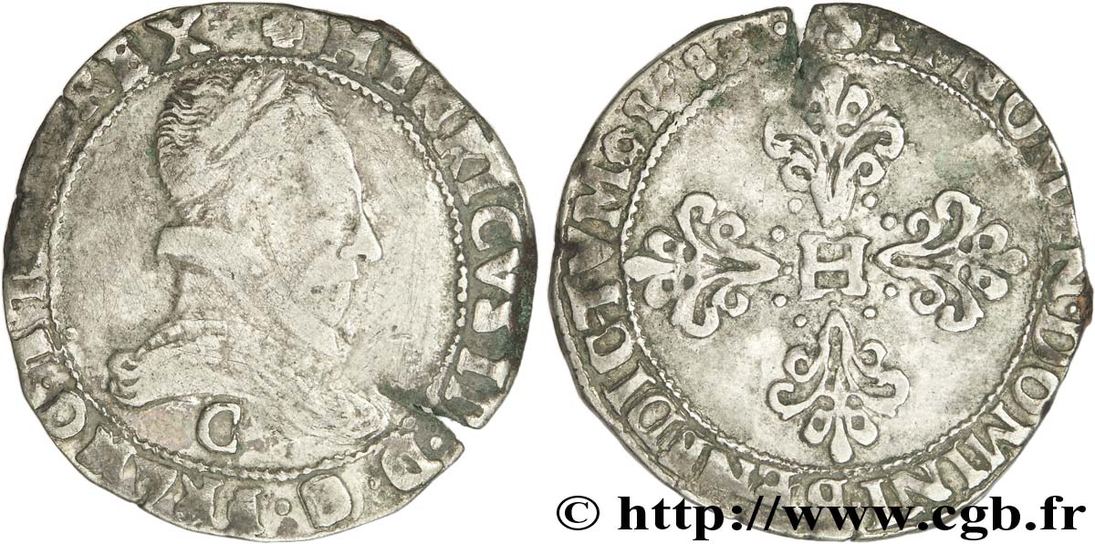 HENRI III Franc au col plat 1583 Saint-Lô TB+/TTB
