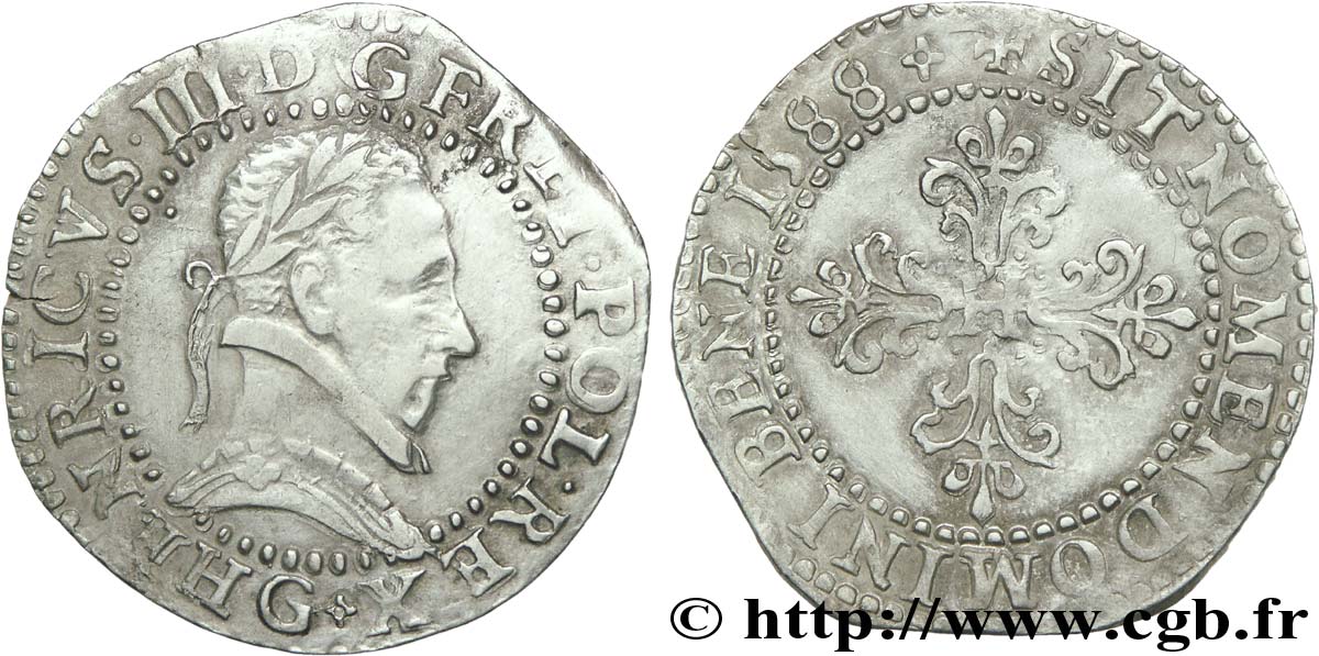 HENRY III Demi-franc au col plat 1588 Poitiers XF