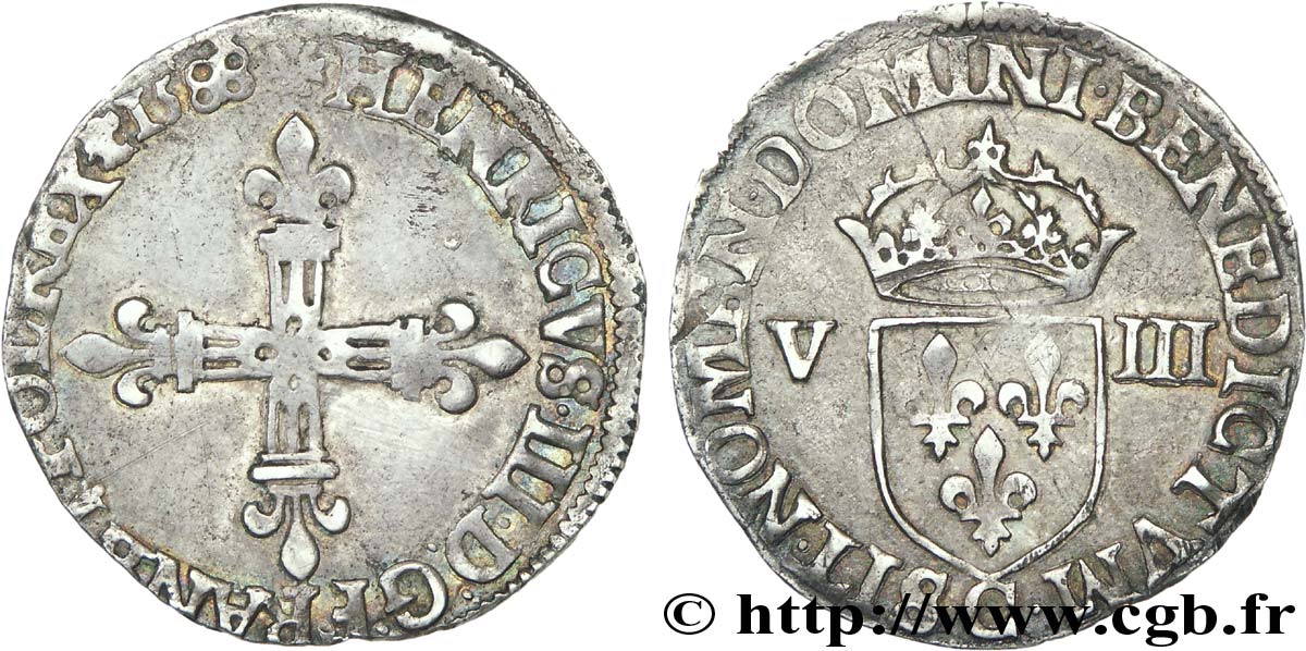 HENRI III Huitième d écu, croix de face 1588 Saint-Lô TB+/TTB