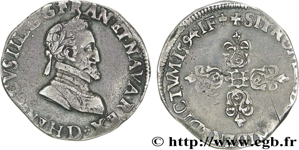 HENRI IV LE GRAND Demi-franc, type de Lyon 1594 Lyon TTB