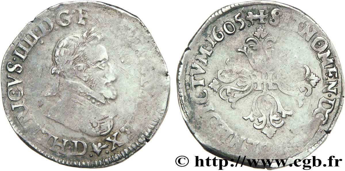 HENRY IV Demi-franc, type de Lyon 1605 Lyon q.BB