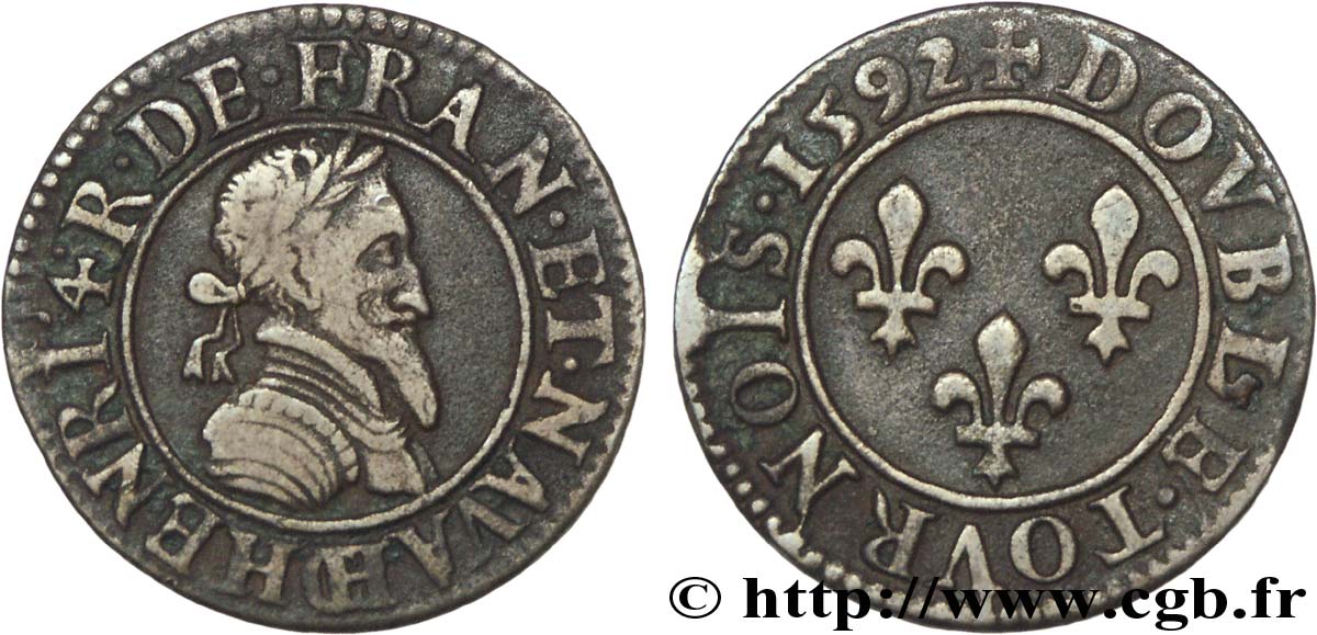 HENRI IV LE GRAND Double tournois, 2e type de Châlons-sur-Marne 1592 Châlons-en-Champagne TTB