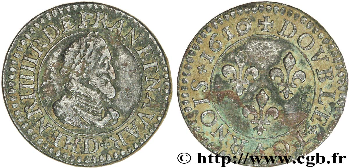 HENRI IV LE GRAND Double tournois, 2e type de Lyon 1610 Lyon TTB