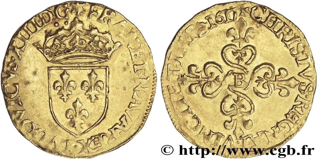LOUIS XIII LE JUSTE Écu d or au soleil, à la croix anillée fleurdelisée 1617 Rouen TTB+