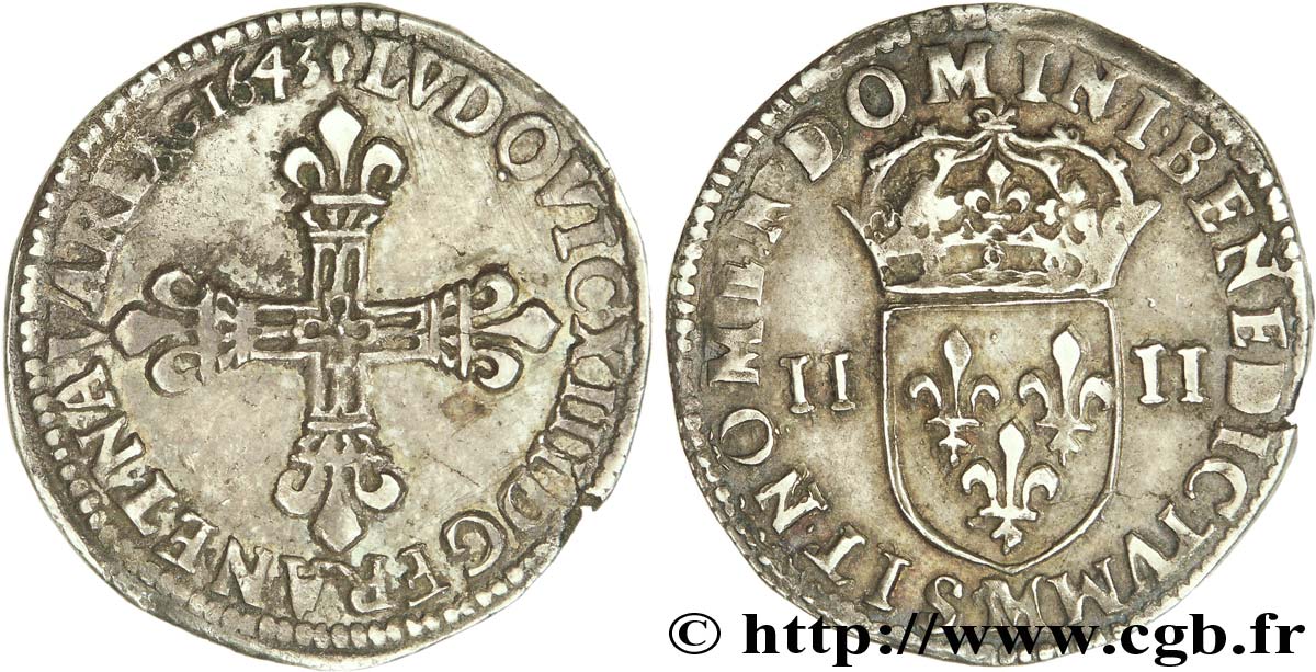 LOUIS XIII LE JUSTE Quart d écu, à la croix fleurdelisée, titulature côté croix 1643 Toulouse TTB