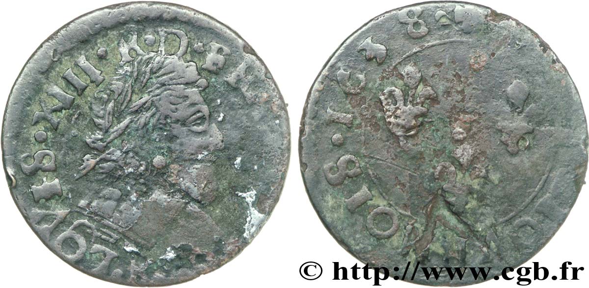 LOUIS XIII  Double tournois, type 13 de Bordeaux 1638 Bordeaux BC