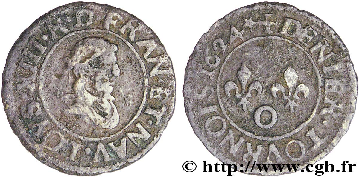 LOUIS XIII  Denier tournois, type 1 de Riom (col plat) 1624 Riom q.BB