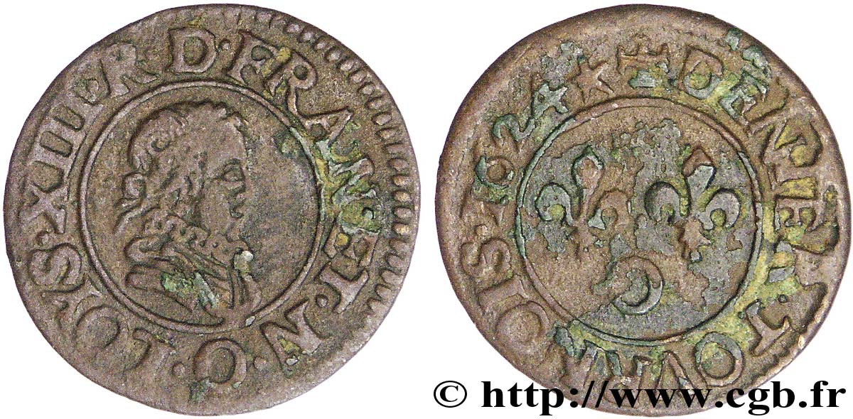 LOUIS XIII  Denier tournois, type 2 de Riom (col fraisé) 1624 Riom XF/VF