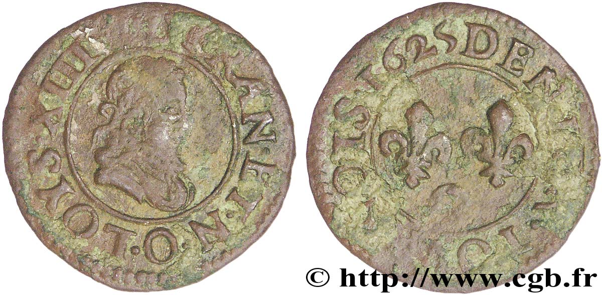 LOUIS XIII LE JUSTE Denier tournois, type 2 de Riom (col fraisé) 1625 Riom TB+/TB