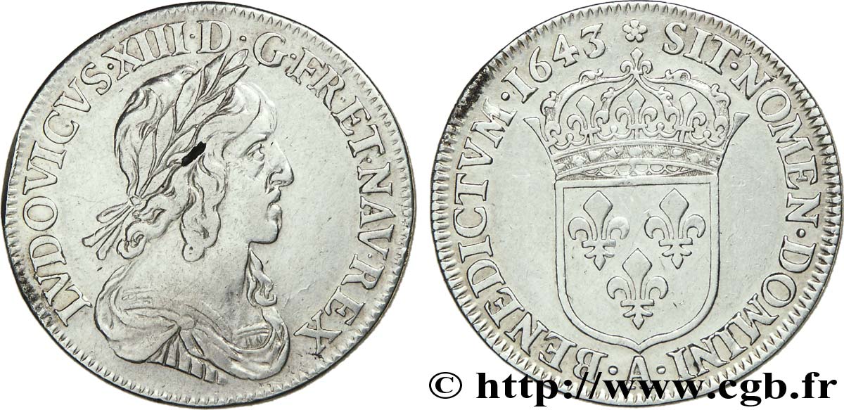 LOUIS XIII LE JUSTE Quart d&nbsp;écu, buste drapé et cuirassé (2e buste de Jean Warin) 1643 Paris, Monnaie de Matignon TB+/TTB