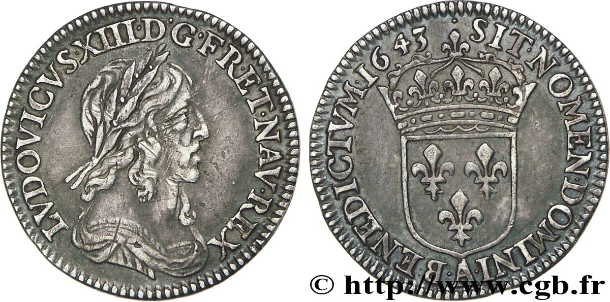 LOUIS XIII  Douzième d écu, buste drapé et cuirassé (2e buste de Jean Warin) 1643 Paris, Monnaie du Louvre MBC/MBC+