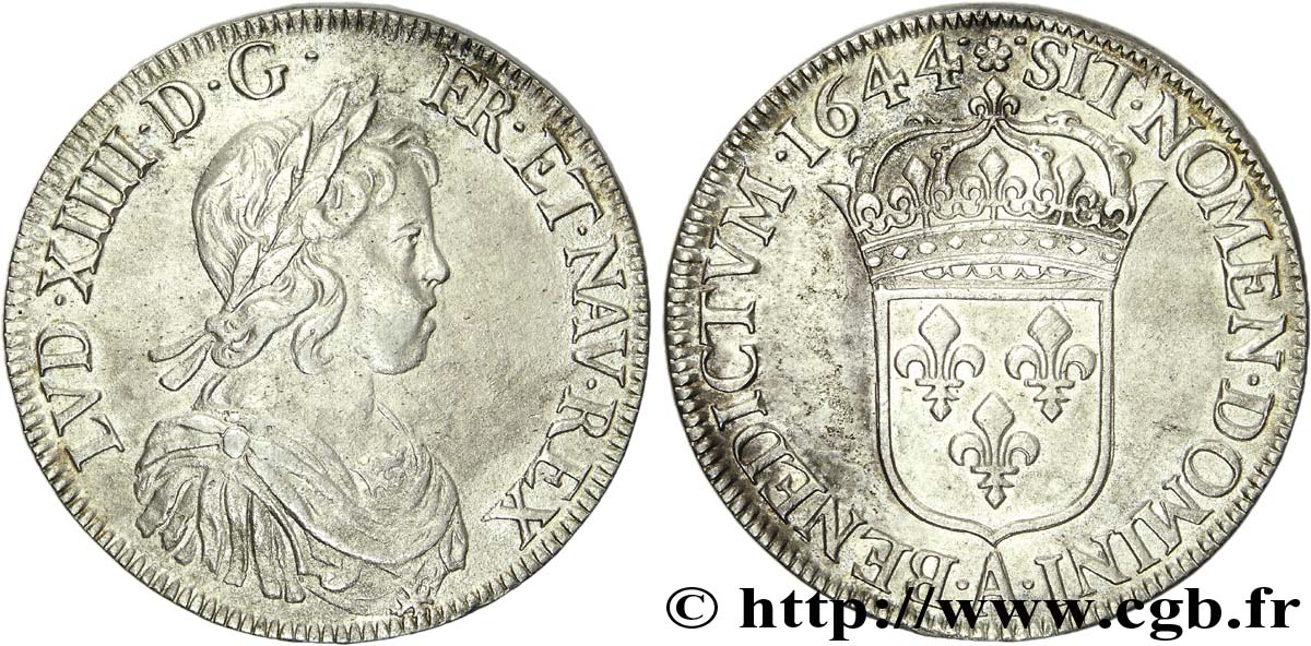 LOUIS XIV &nbsp;THE SUN KING&nbsp; Écu à la mèche courte 1644 Paris, Monnaie de Matignon SS