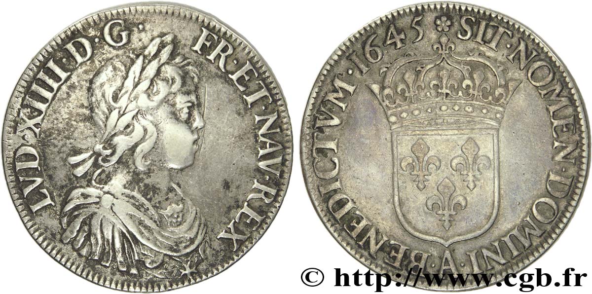 LOUIS XIV LE GRAND OU LE ROI SOLEIL Écu à la mèche courte 1643 Paris, Monnaie de Matignon TB+/TTB