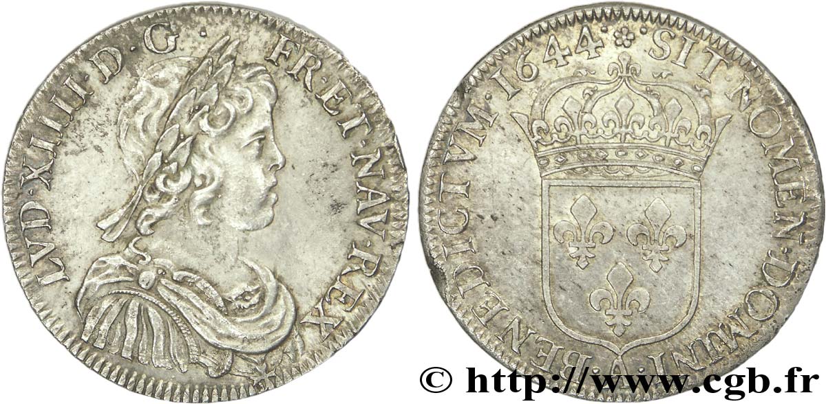 LOUIS XIV &nbsp;THE SUN KING&nbsp; Demi-écu à la mèche courte 1644 Paris, Monnaie de Matignon AU
