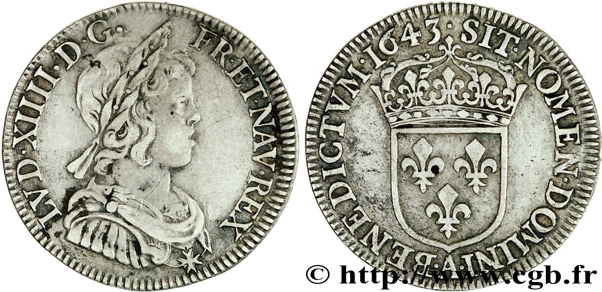 LOUIS XIV &nbsp;THE SUN KING&nbsp; Quart d&nbsp;écu à la mèche courte 1643 Paris, Monnaie du Louvre XF/AU