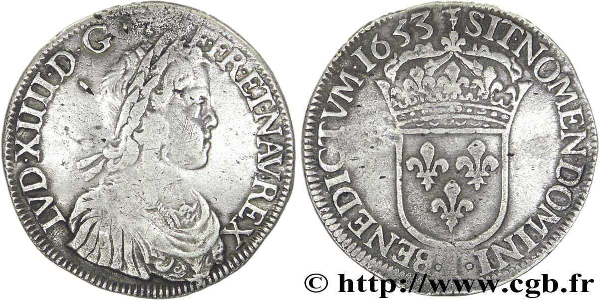 LOUIS XIV  THE SUN KING  Écu à la mèche longue 1653 Limoges VF