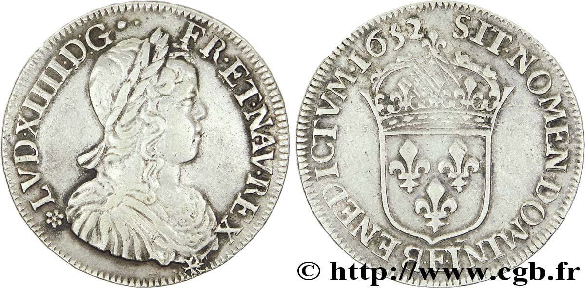 LOUIS XIV LE GRAND OU LE ROI SOLEIL Demi-écu à la mèche longue 1652 Tours TTB