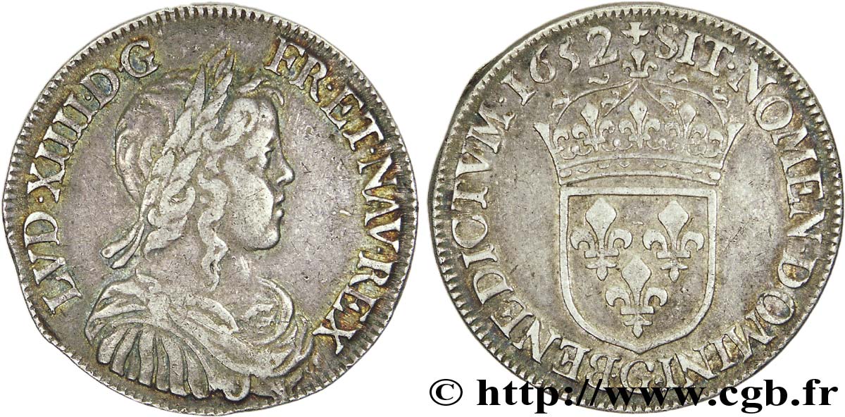 LOUIS XIV LE GRAND OU LE ROI SOLEIL Demi-écu à la mèche longue 1652 Poitiers TTB