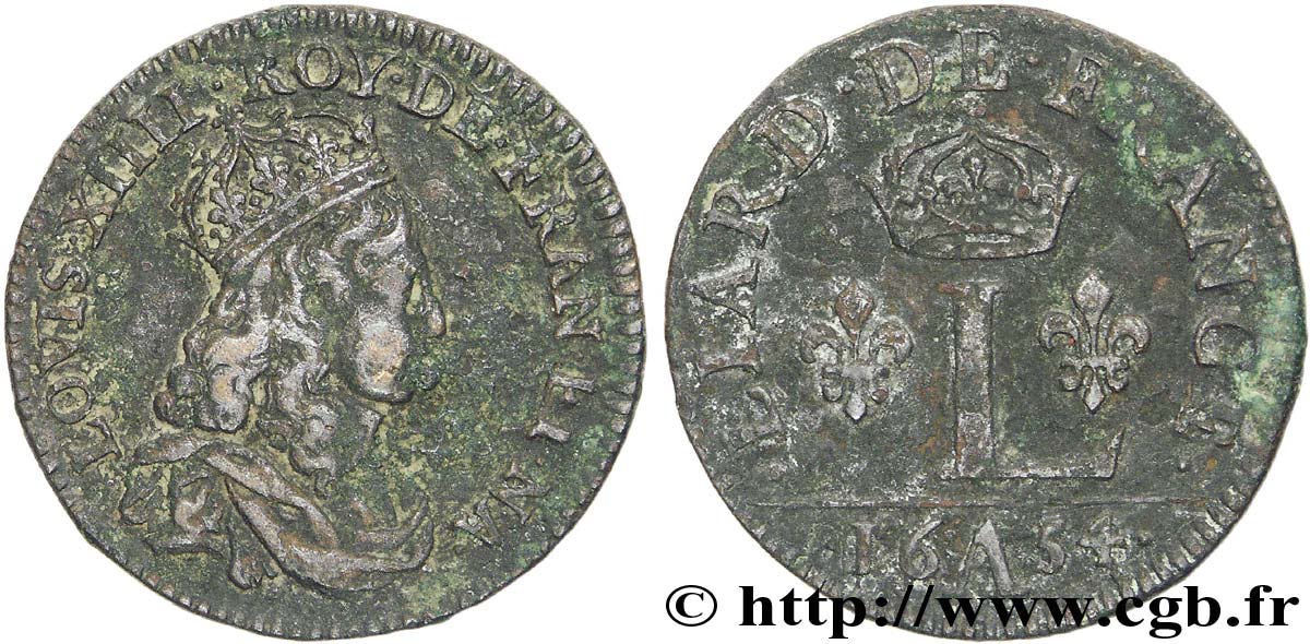 LOUIS XIV &nbsp;THE SUN KING&nbsp; Liard de France à l&nbsp;L couronnée 1654 Paris XF/VF